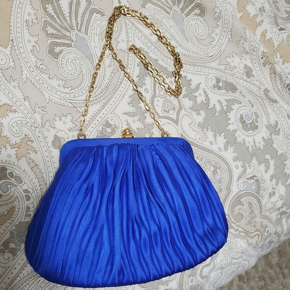 sasha vintage satin blue purse with gold shoulder chain